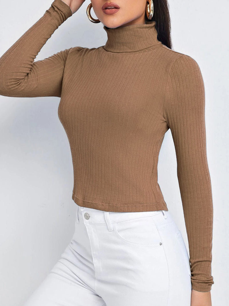 Women's T-Shirts Solid Turtleneck Long Sleeve T-Shirt