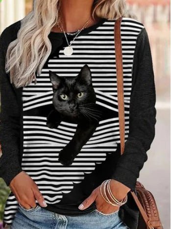 Women's T-Shirts Striped Cat Print Crew Neck Long Sleeve T-Shirt