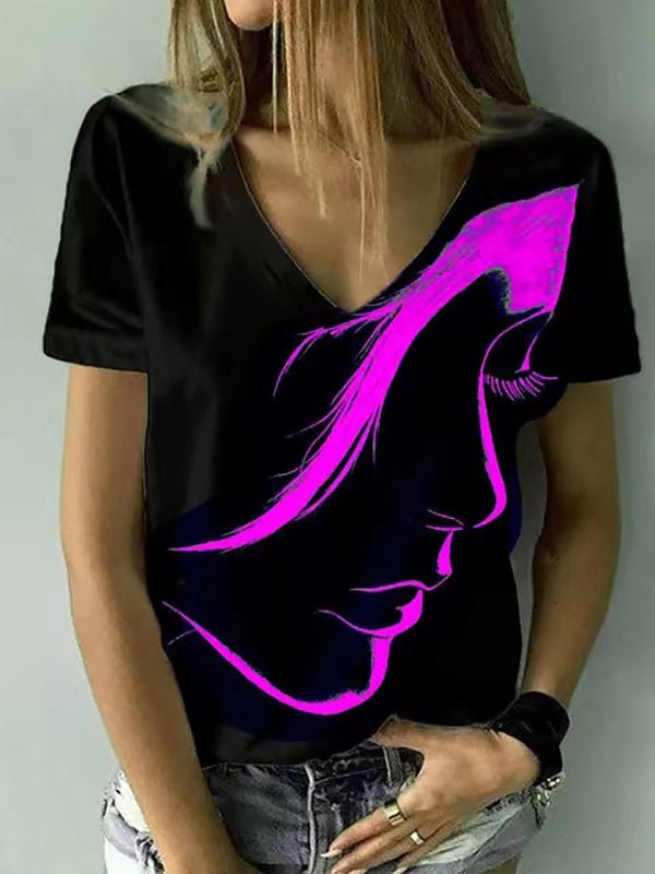 Women's T-Shirts V-Neck Head Print Pullover Short Sleeve T-Shirt