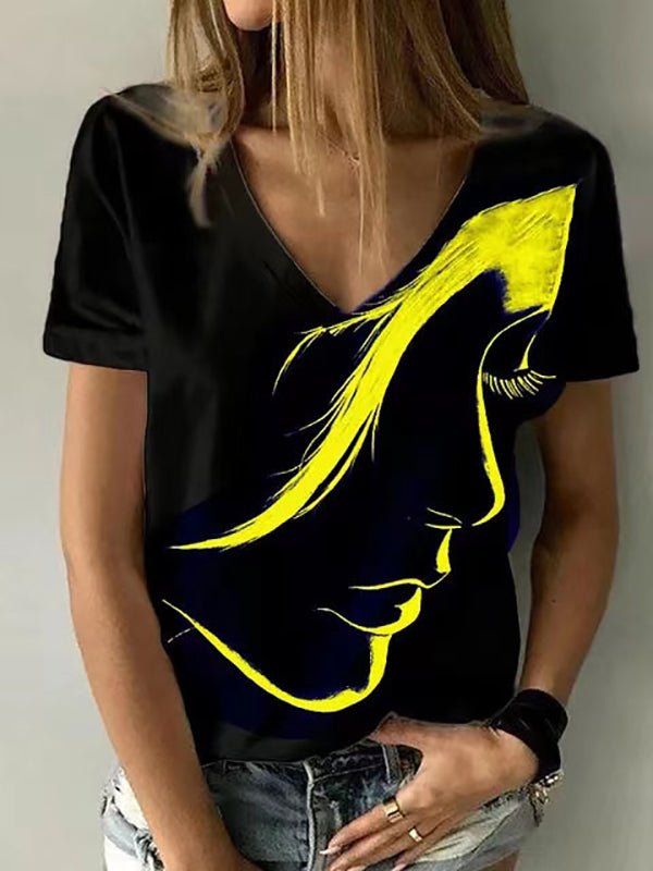 Women's T-Shirts V-Neck Head Print Pullover Short Sleeve T-Shirt