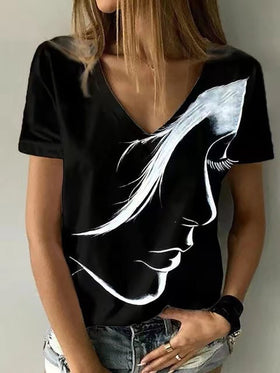 Women's T-Shirts V-Neck Head Print Pullover Short Sleeve T-Shirt