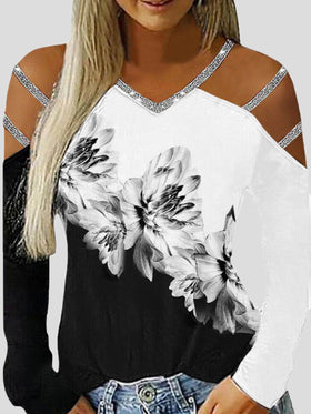 Women's T-Shirts V-Neck Printed Hollow Off Shoulder Long Sleeve T-Shirt