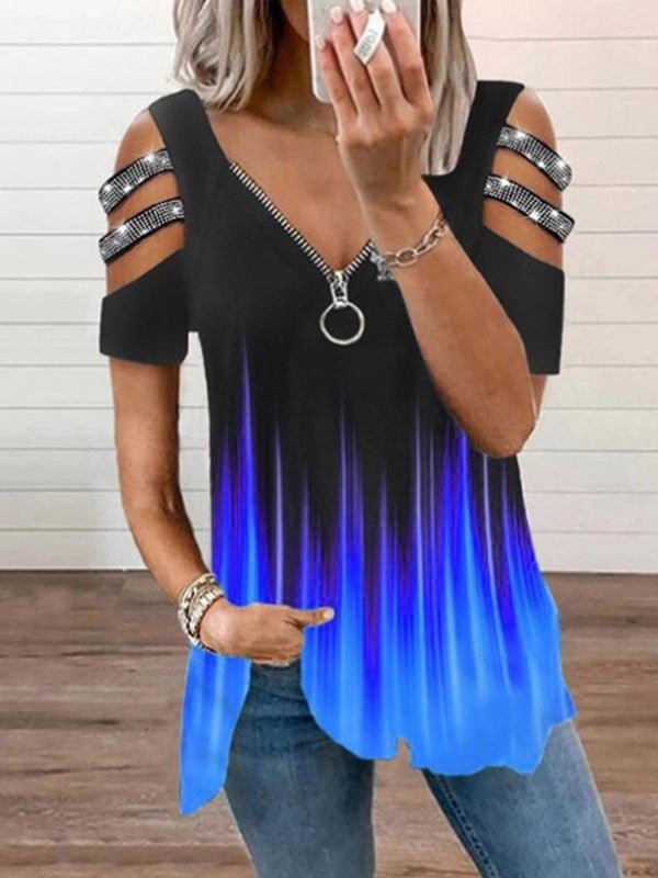 Women's T-Shirts V-Neck Zip Print Short Sleeve T-Shirt