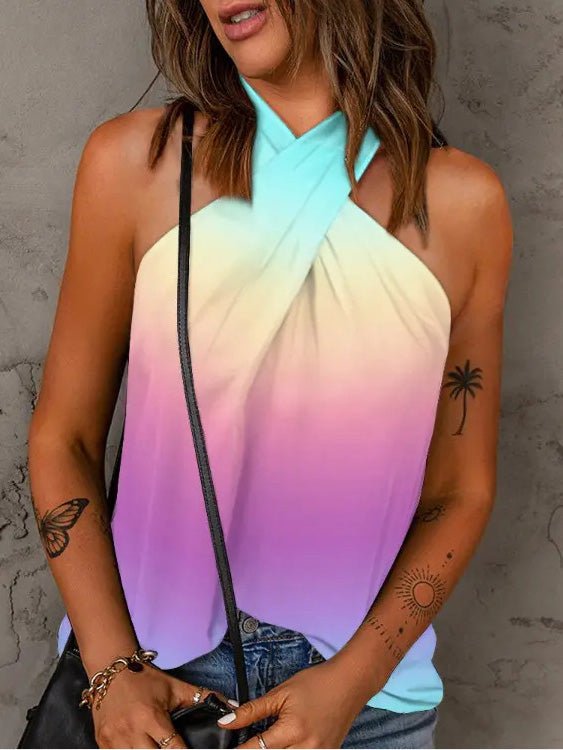 Women's Tank Tops Printed Cross Halter Off Shoulder Tank Top