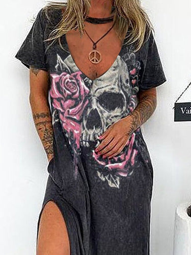 Women's Dresses Loose Skull Print Short Sleeve Slit Dress